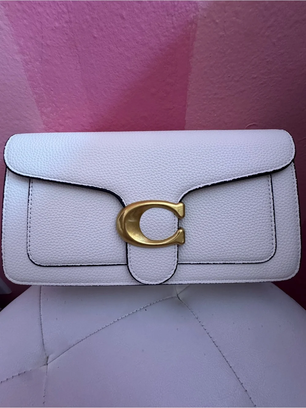 White Leather Clutch with Gold C Accent
